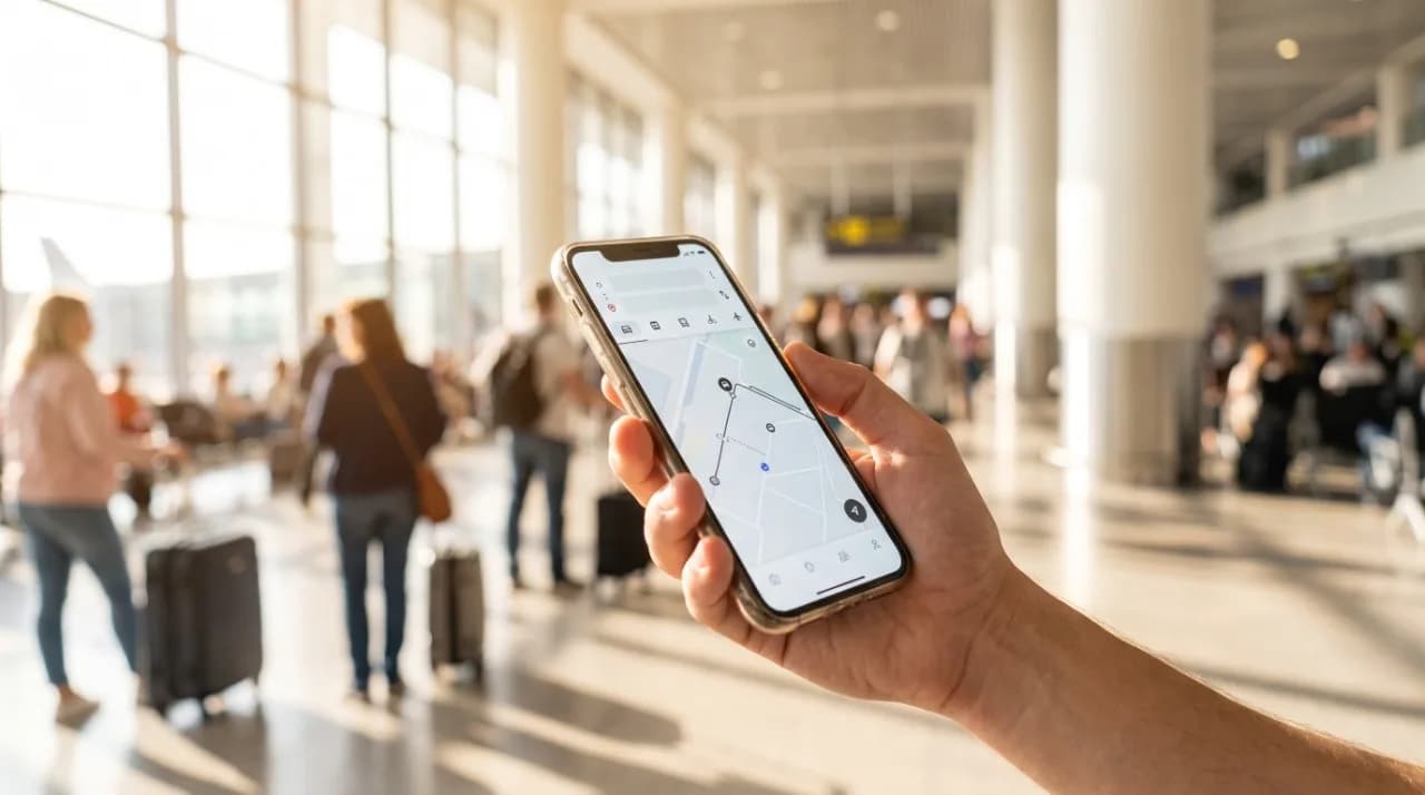 Bright, airy photograph of a hand holding a phone displaying a simple map interface, with a blurred airport or travel scene in the background