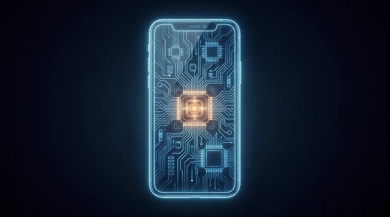 Stylized illustration of a smartphone outline with a glowing circuit or chip pattern visible inside, warm amber core with blue circuit lines, dark background, no text or branding