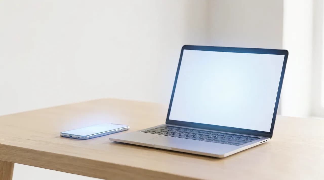 Clean modern photograph of a smartphone displaying a soft glowing AI interface, resting next to an open laptop with a subtle blue ambient light